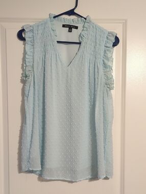 Sweet Rain Pale Blue Ruffle-Trim Swiss Dot V-Neck Top
